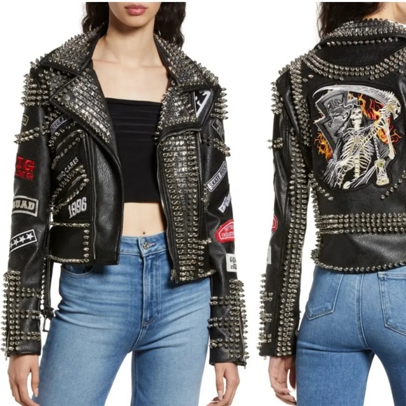 AZALEA WANG ACDC STUDDED PATCHWORK MOTO JACKET - Picture 3 of 5